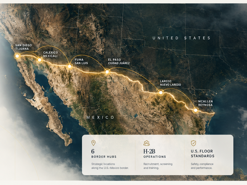 U.S.–Mexico border map with six USAMEX hubs